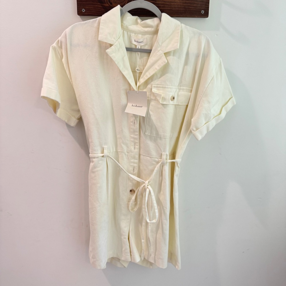 Bohme Ivory Cotton Twill Utility Romper Tie Waist Button Front Small NWT